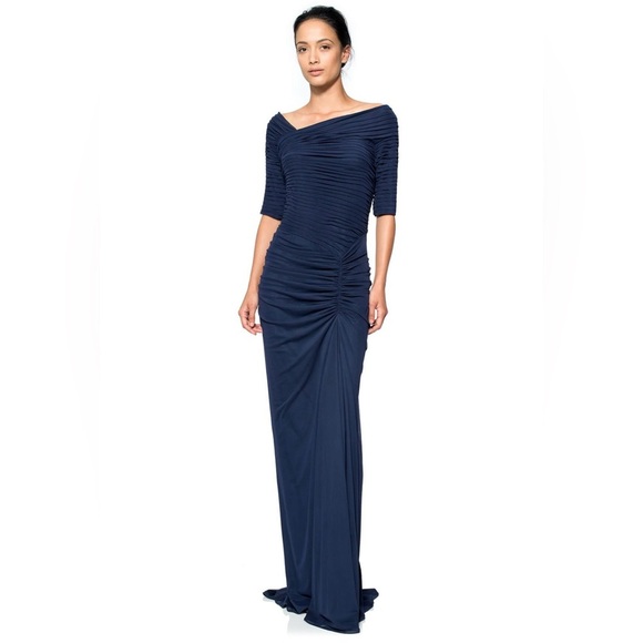 Tadashi Shoji Asymmetric Ruched Sleeve Long Gown Navy Blue Dress Size Large - Picture 1 of 8